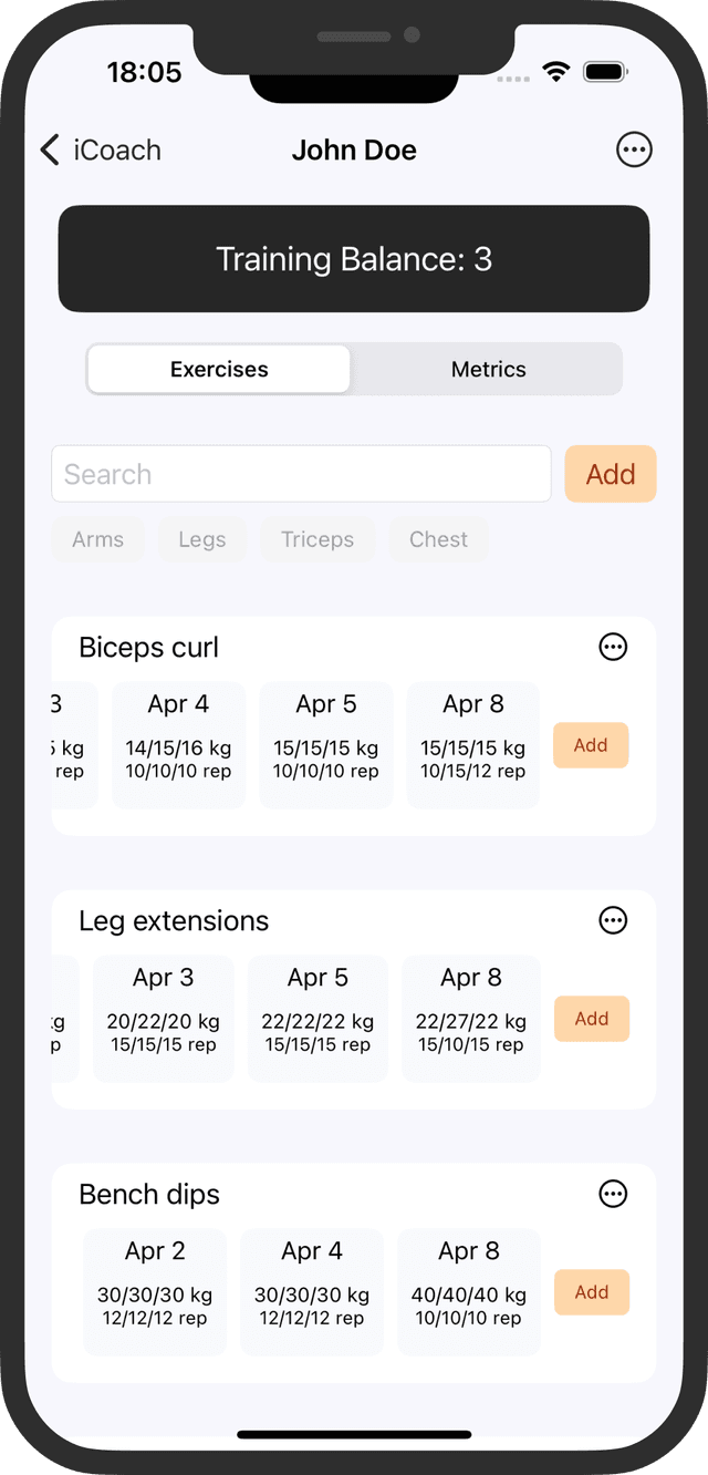 iCoach trainings screen