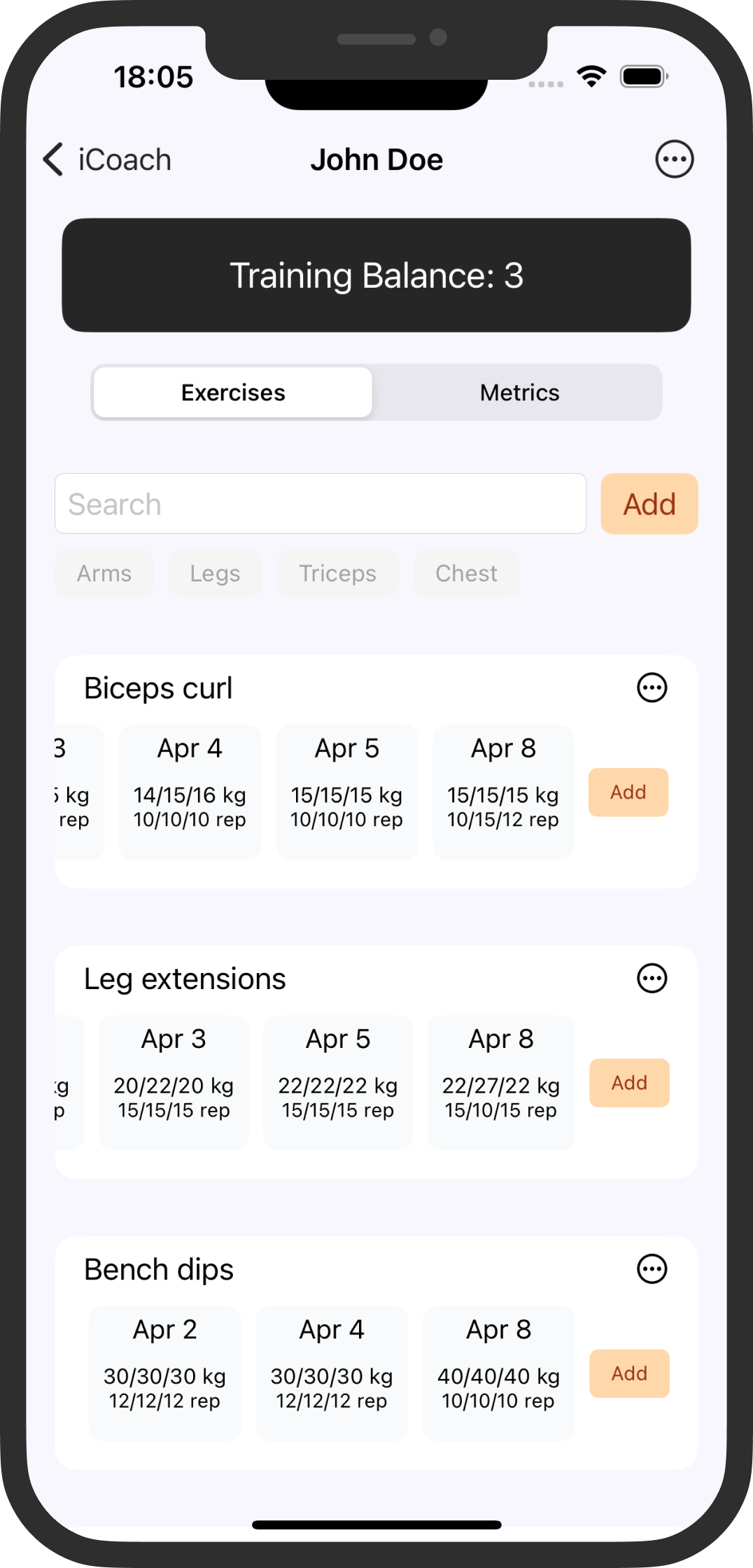 iCoach trainings screen